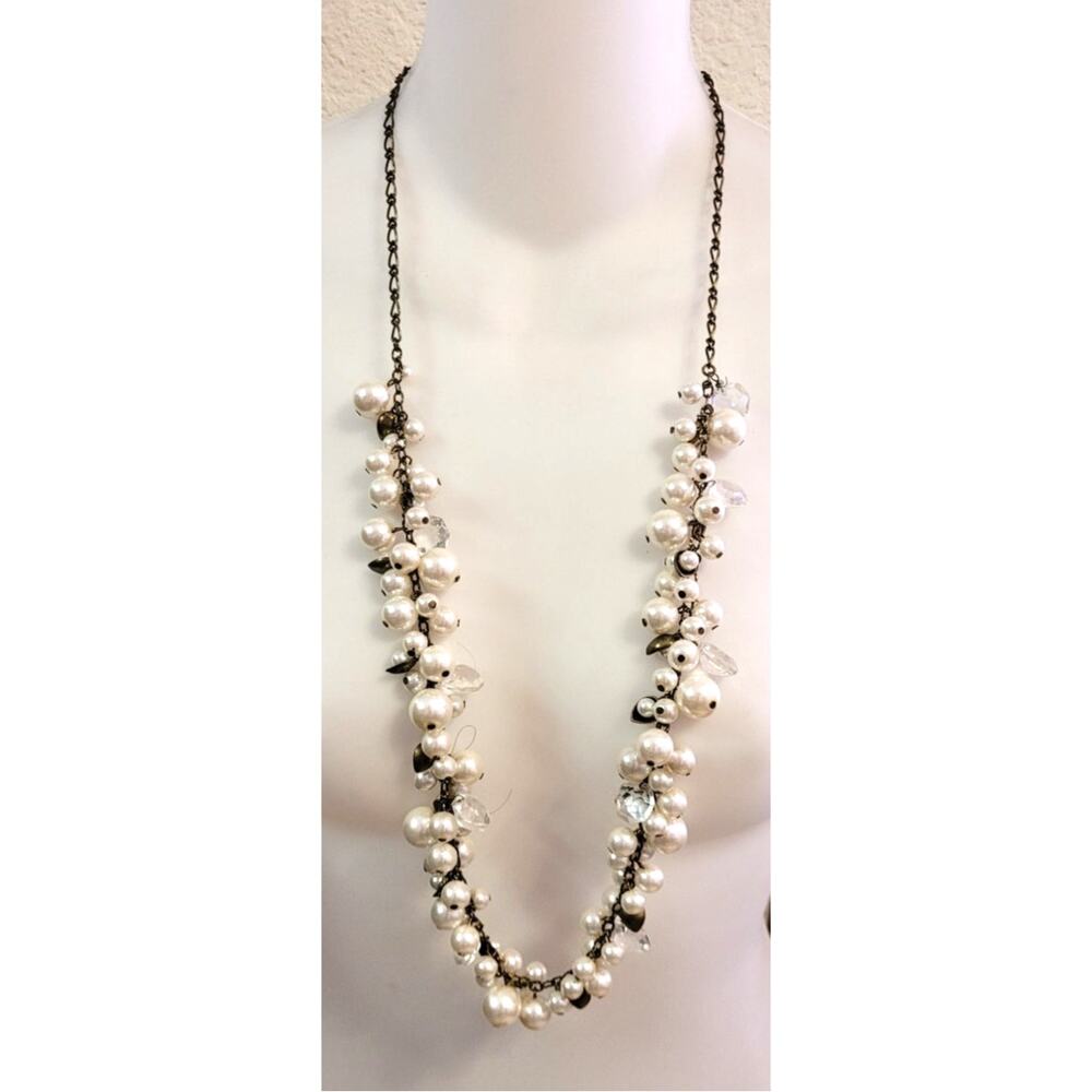 Chloe And Isabel Brass Tone Long Statement Necklace With Faux Pearls Cluster 33"